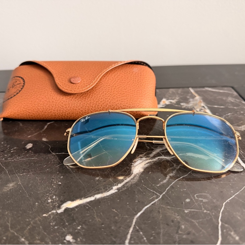 Ray-Ban Gold Aviator Sunglasses with Blue Lenses